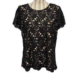 Talbots | petite black lace short sleeve size 12P cotton polyester blend